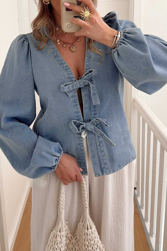Blue Ties Puff Denim Top