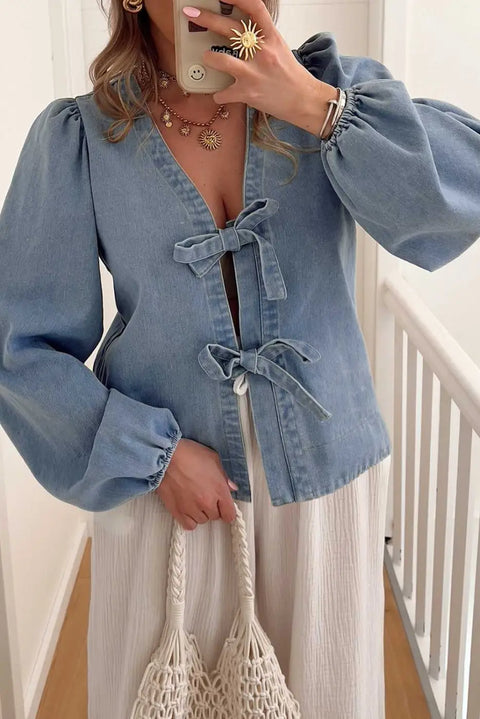 Blue denim tie knot puff sleeve top front view — Fashionfitz UK