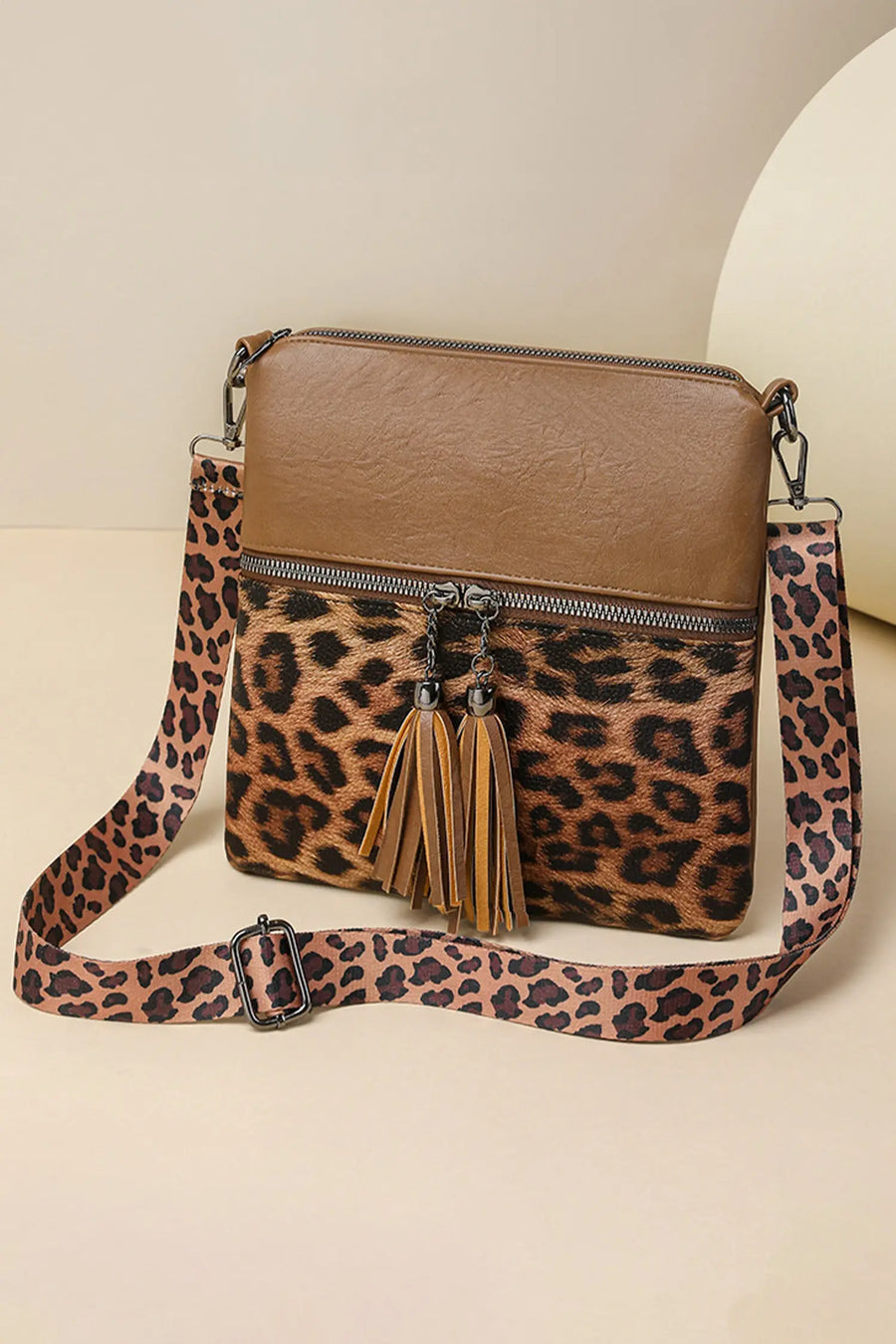 Women's leopard PU leather bag detail view contrast trim