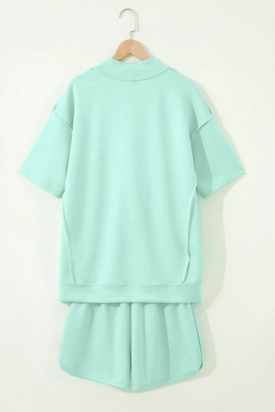 Exposed seam mock neck oversized tee shorts two piece set pockets outfit sets