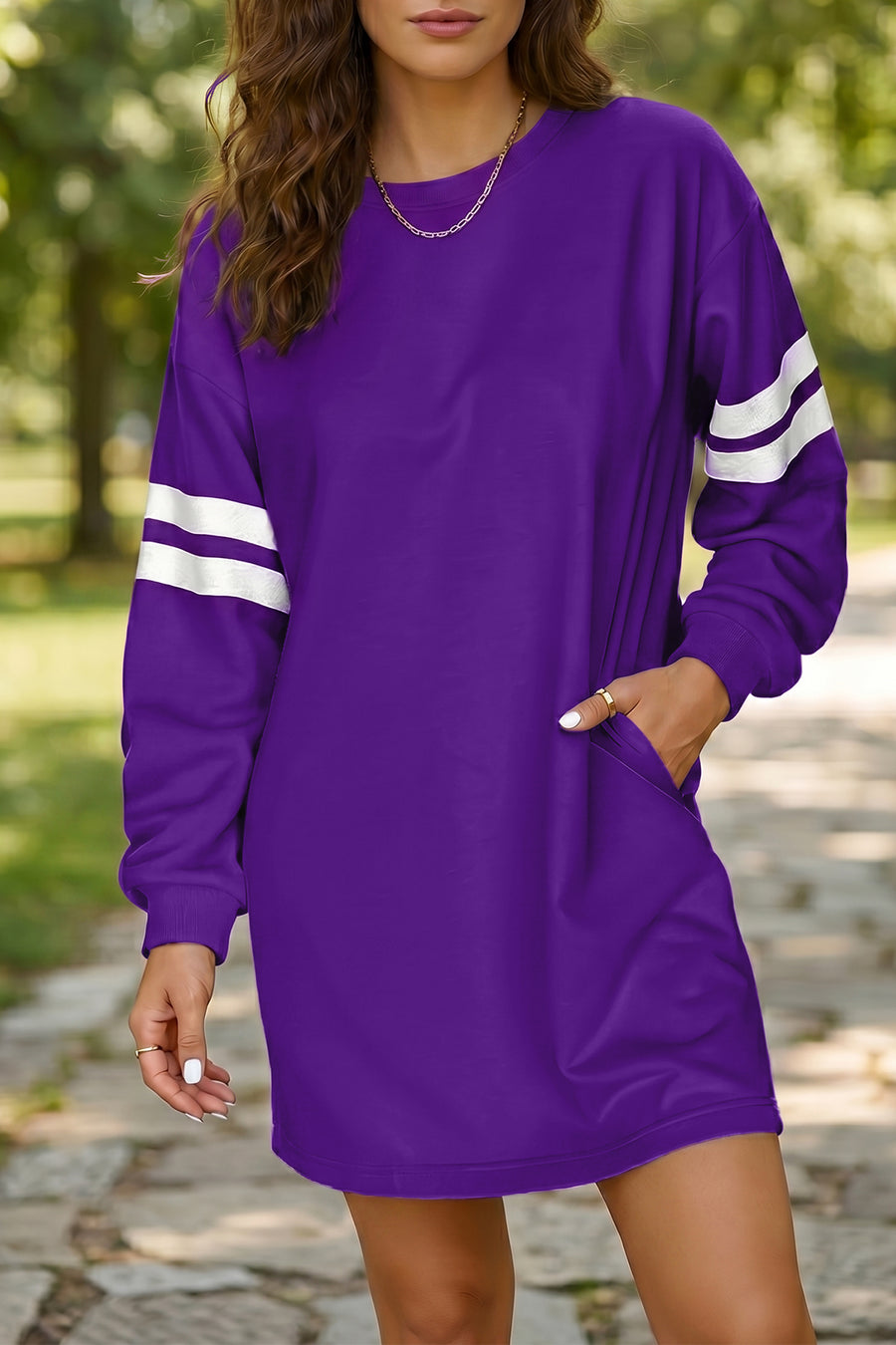 Varsity Contrast Banded Sleeve Sweatshirt Dress Mini Shift with Pockets — front detail | Fashionfitz UK