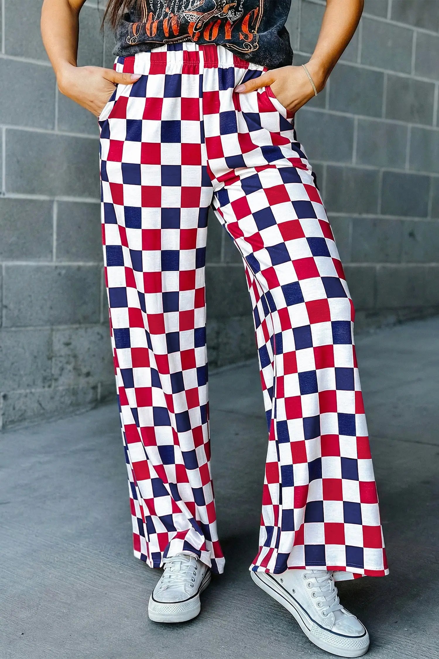 Red 2-tone checked print high waist wide leg pants