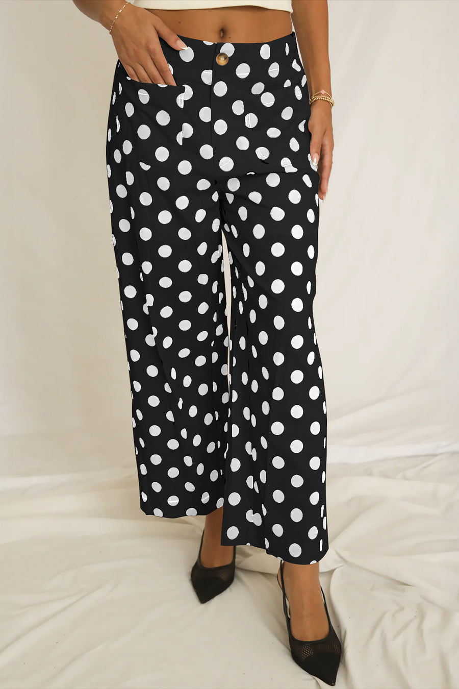 Polka Dot Patched Pocket Elastic Waist Straight Leg Pants