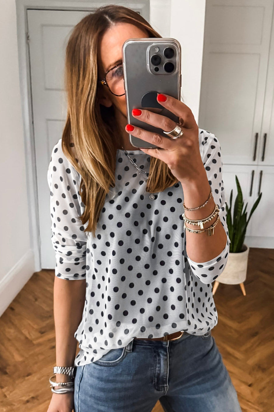 Polka Dot Sheer Mesh Long Sleeve Round Neck Top