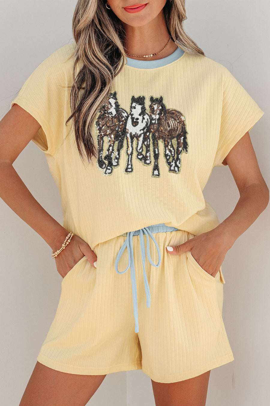 Ribbed Knit Sequin Horse Patch Two Piece Short Set Women UK