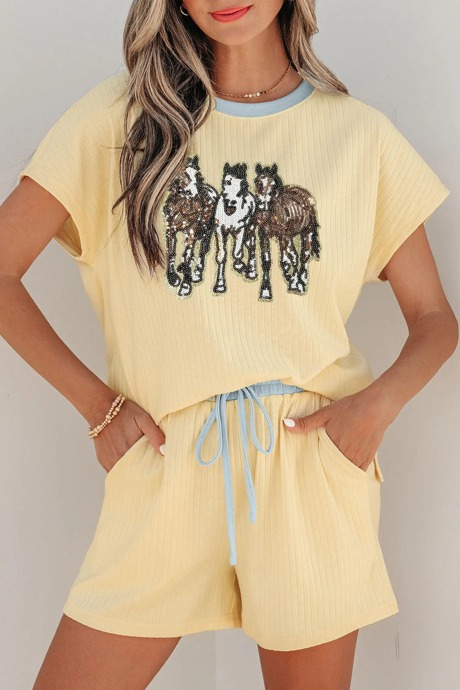 Ribbed Knit Sequin Horse Patch Two Piece Short Set Women UK — styled outfit look | Fashionfitz UK