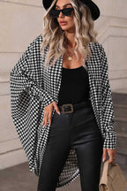Women's dolman sleeve wrap in black houndstooth, lightweight outerwear look