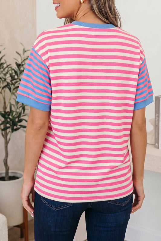 Women's stripe patchwork tee side view casual summer