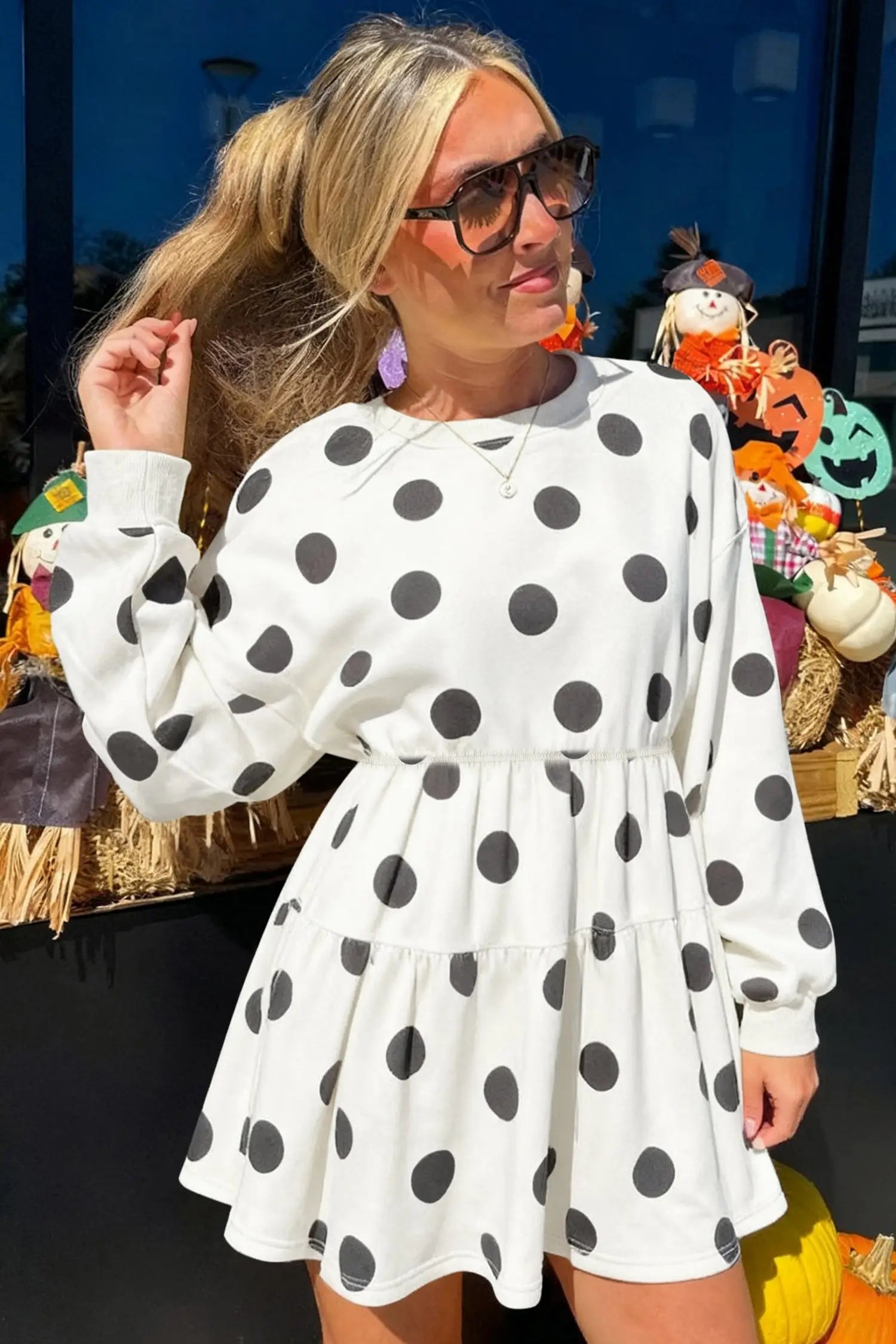 White polka dot printed long sleeve flared mini dress