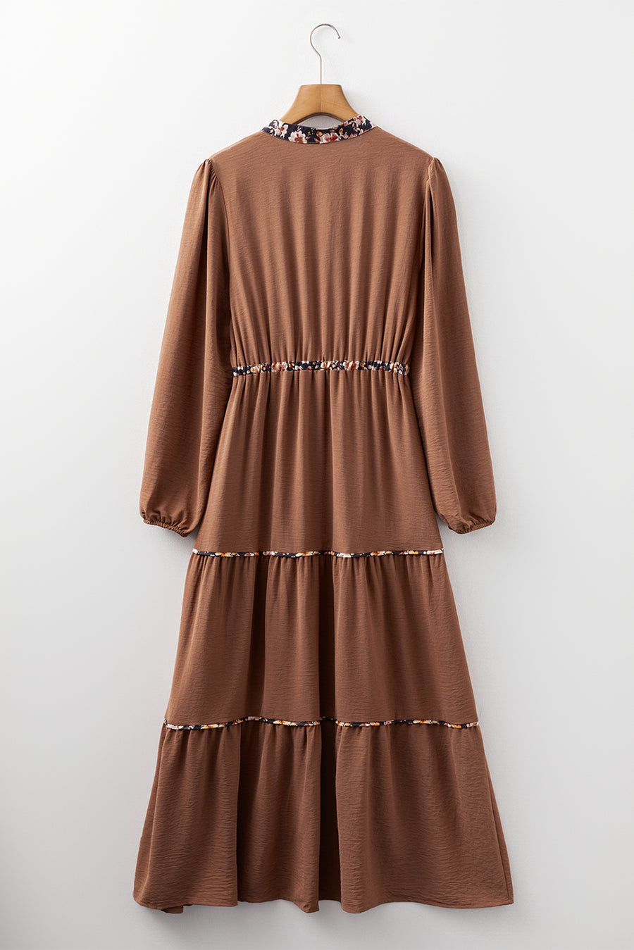 Chestnut Floral Patchwork Notched Neck Long Sleeve Maxi Dress Women UK — close-up detail
