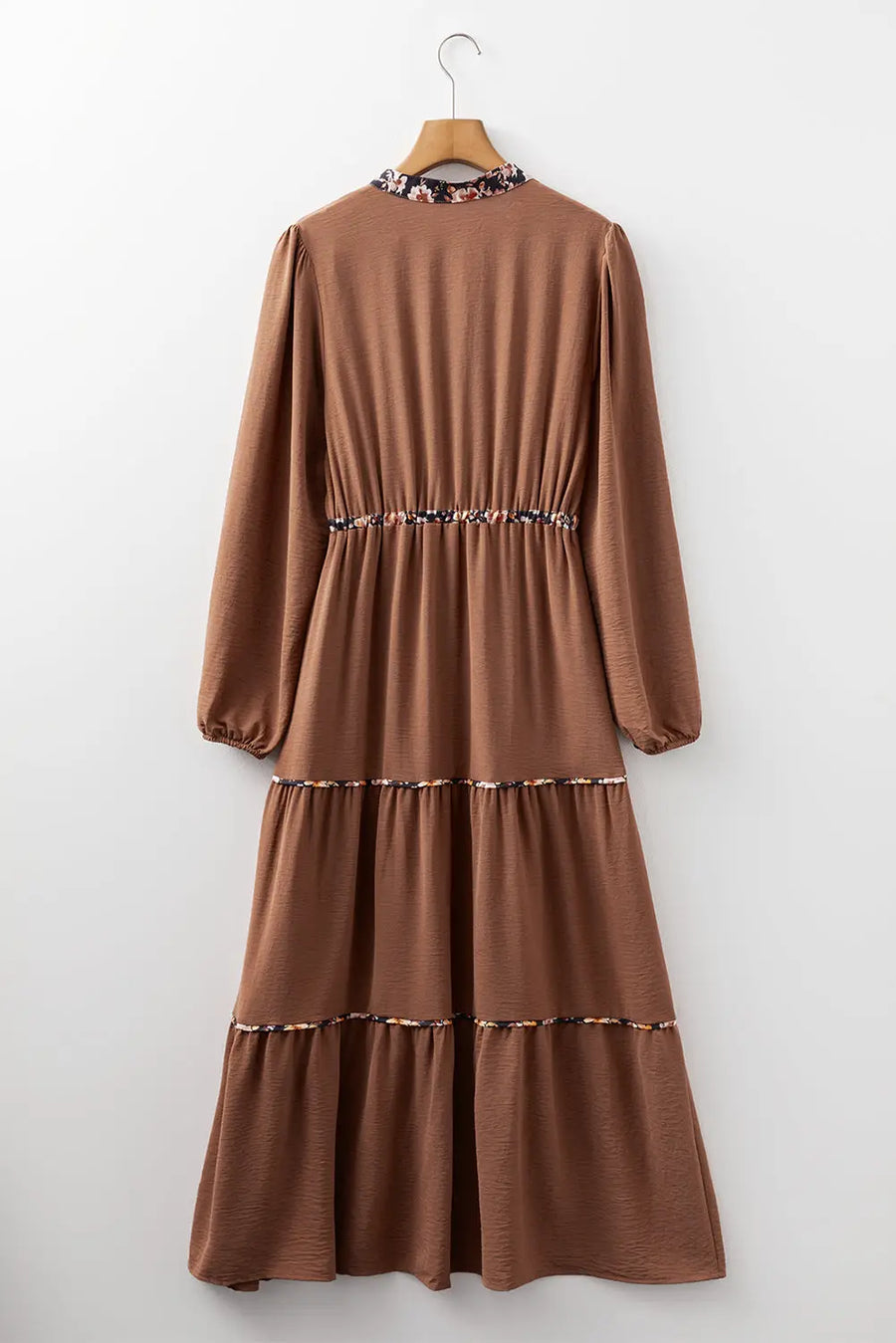 Chestnut Floral Patchwork Notched Neck Long Sleeve Maxi Dress Women UK — close-up detail