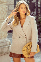 Ladies Light Beige Fitted Blazer - Casual Smart Office | FashionFitz paired with gold accessories and leather shorts for a modern office-ready style.
