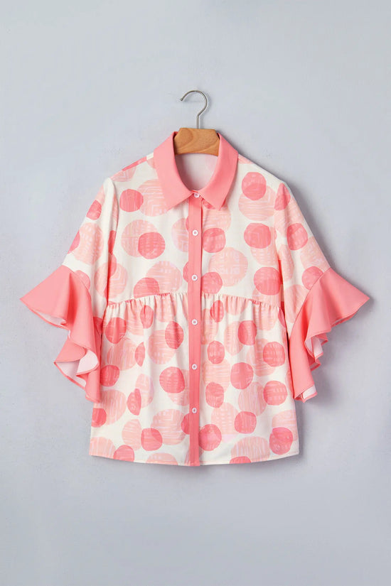 Polka dot ruffle sleeve babydoll shirt button front collar pink shirts