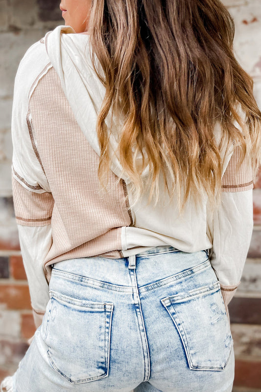 Color-Block Seamed Ribbed Henley Hoodie