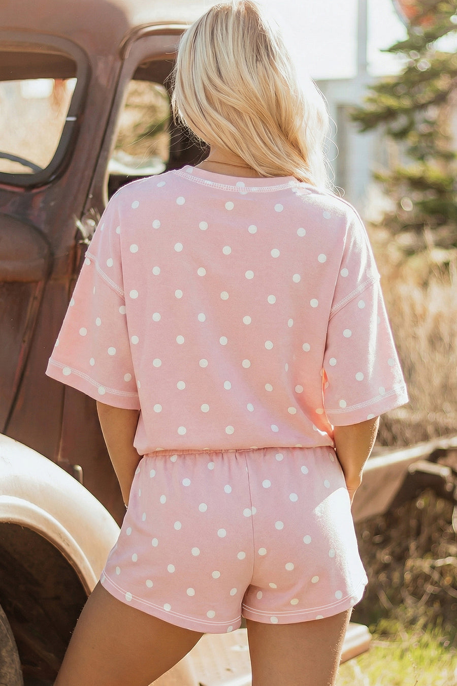 Polka Dot Exposed Seam Loose Tee Drawstring Shorts Two-Piece Set — close-up third option | Fashionfitz UK