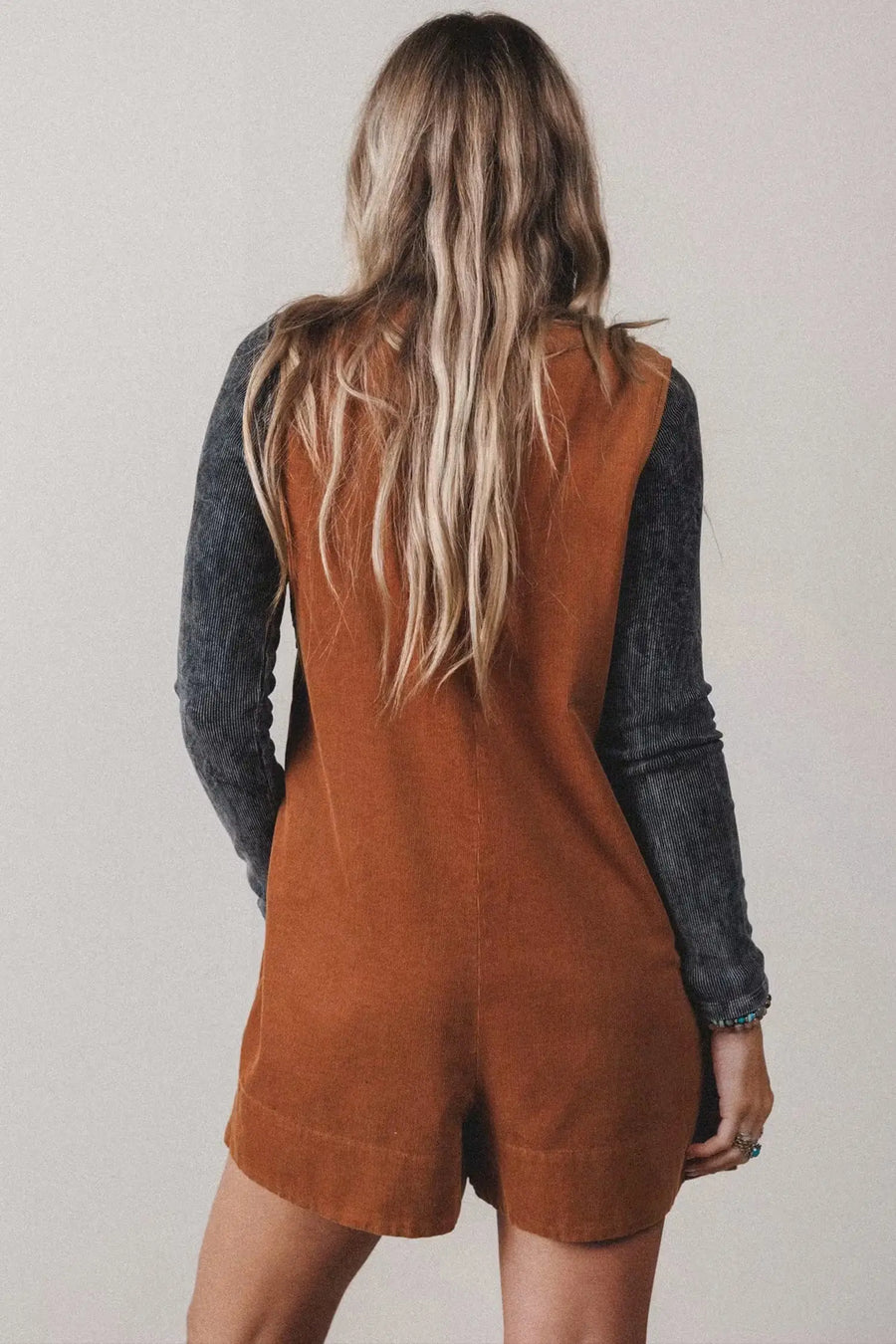 Cinnamon Corduroy Sleeveless Romper Tie V-Neck — full length view on model | Fashionfitz UK