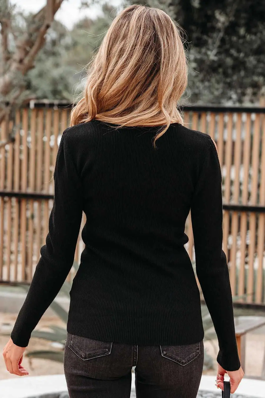 Black cold shoulder sweater - ribbed knit long sleeve top sweaters
