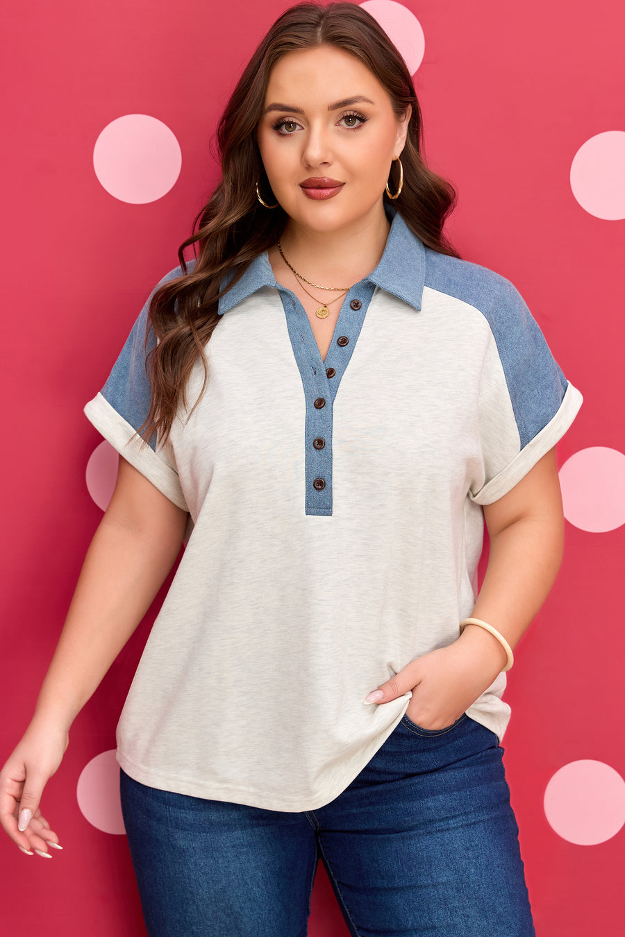 Contrast Denim Patchwork Cuffed Sleeve Plus Size Polo Tee UK