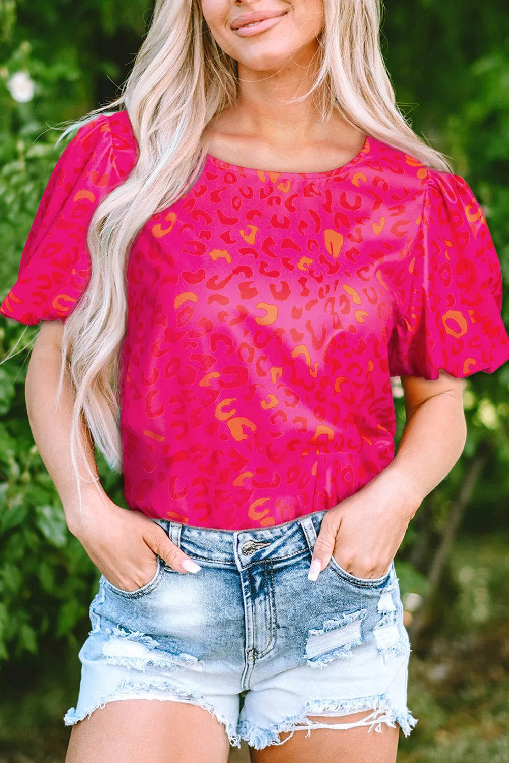 Rose Leopard Printed Puff Sleeve Top - Fashionfitz