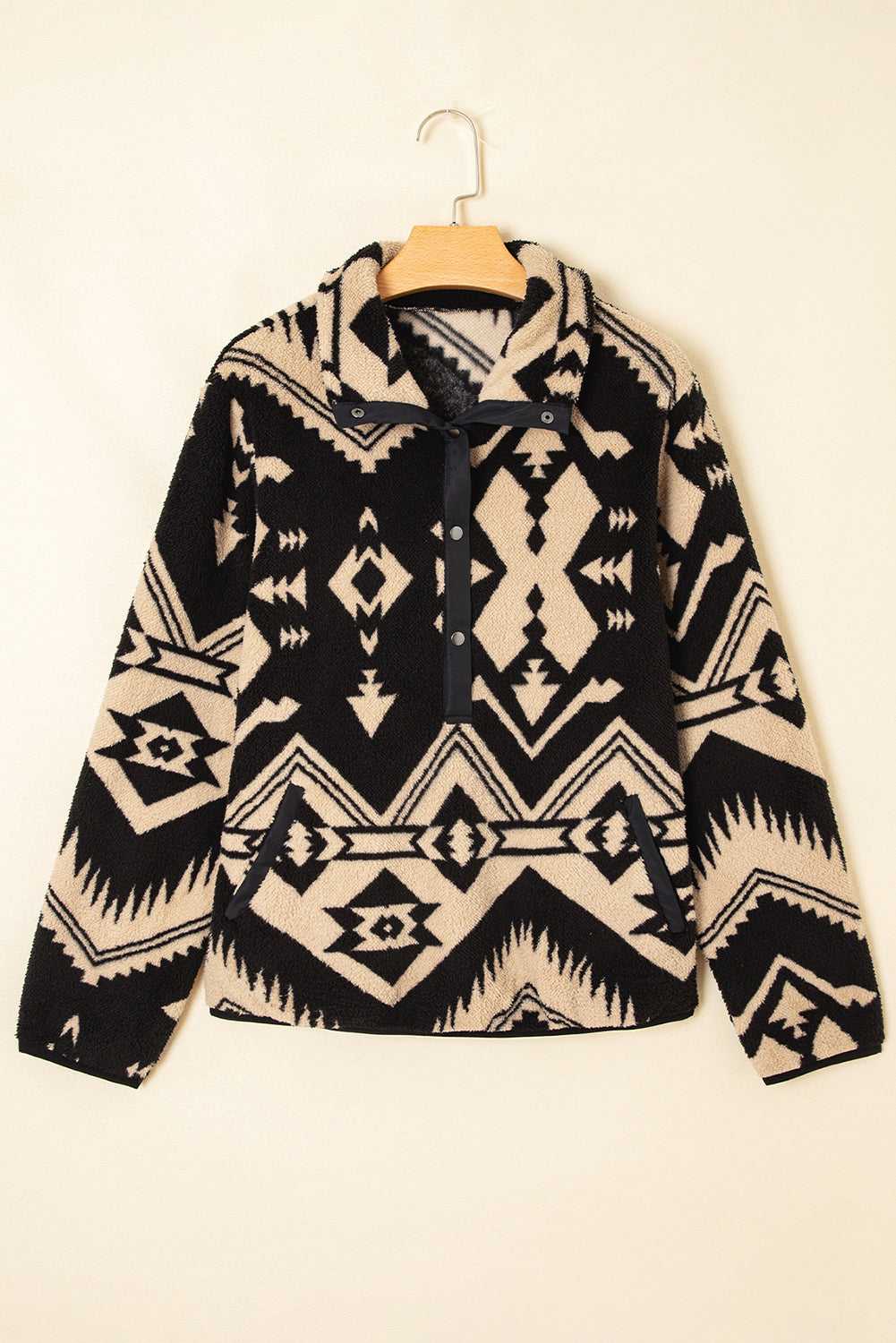 Casual winter sweatshirt in black Aztec sherpa fabric