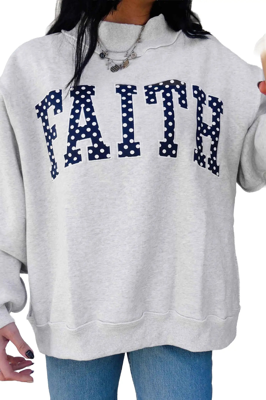 Light Grey Polka Dot Slogan High Neck Baggy Sweatshirt