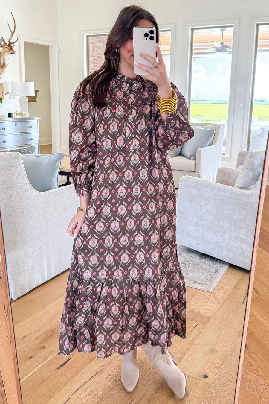 Brown Floral Print Button Front Ruffle Hem Midi Dress Women UK