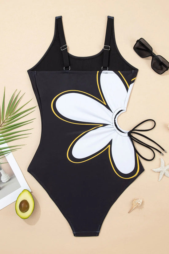 Black drawstring big hole floral print sleeveless one piece swimsuit