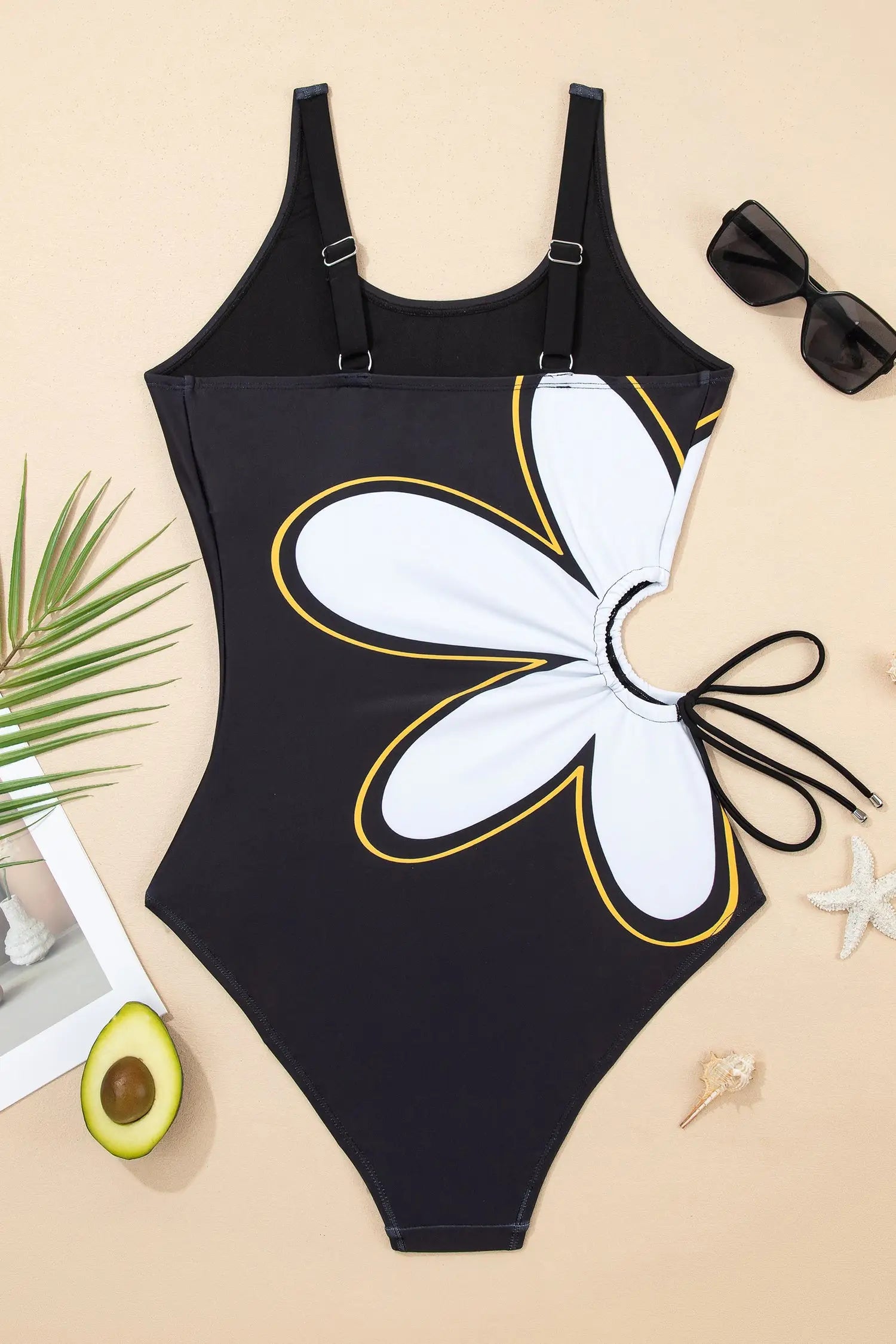 Black drawstring big hole floral print sleeveless one piece swimsuit