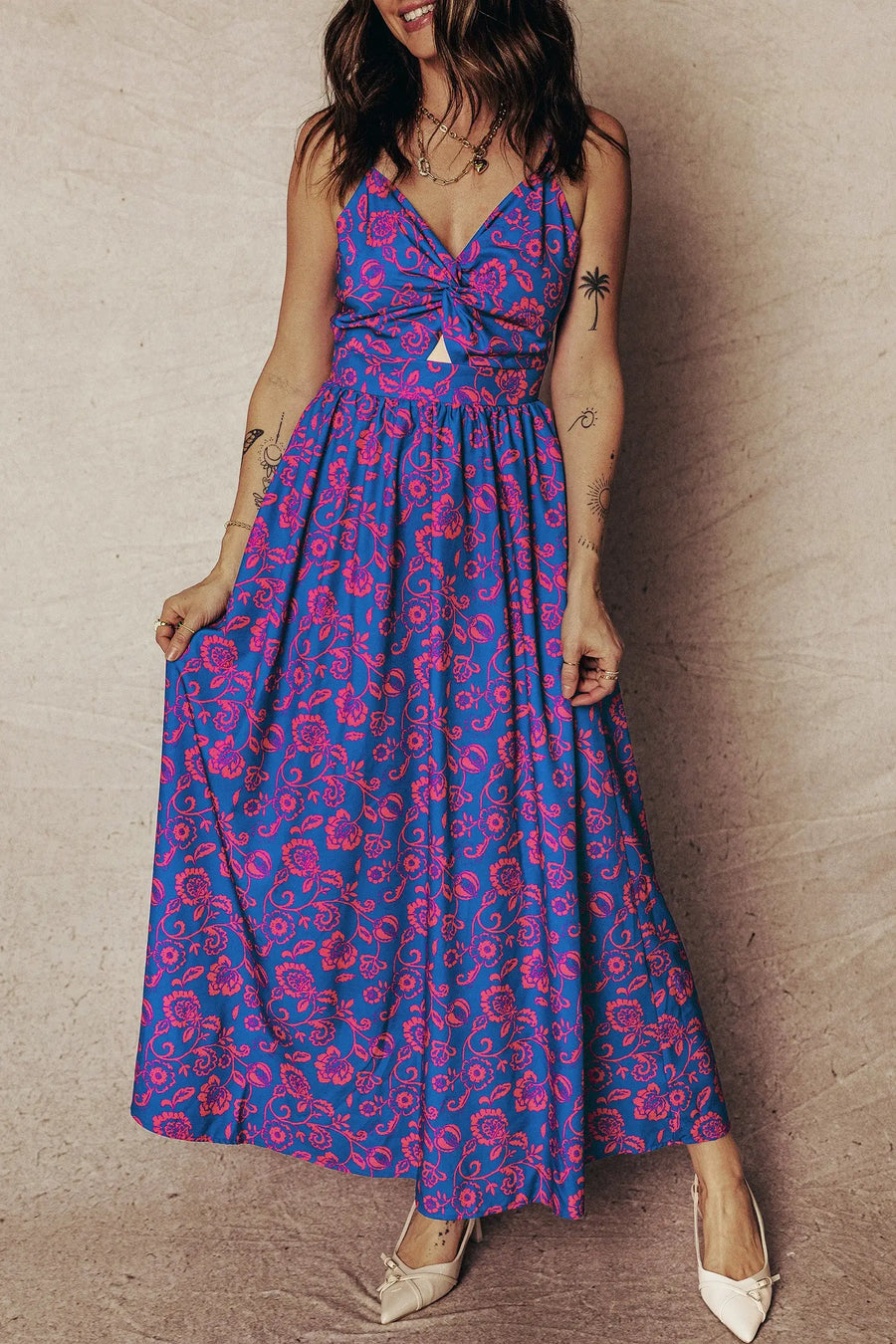 Blue Floral Twisted V Neck Tied Backless Maxi Dress Women UK — side detail