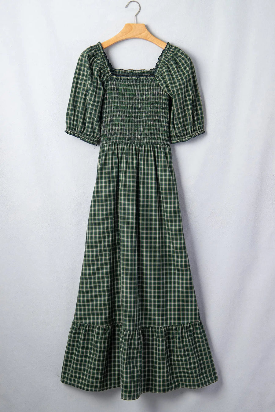 Plaid Square Neck Shirred High Waist Ruffle Hem Dress