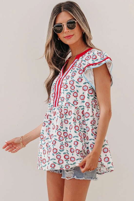 Red sunflower printed contrast trim v neck flutter sleeve blouse