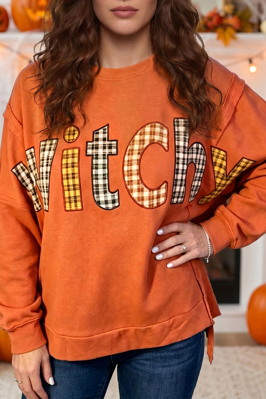 Halloween Witchy Plaid Slogan Embroidered Tunic Top