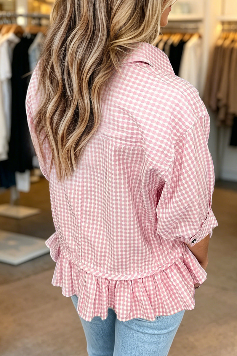 Plaid ruffle hem half sleeve blouse back view — Fashionfitz UK