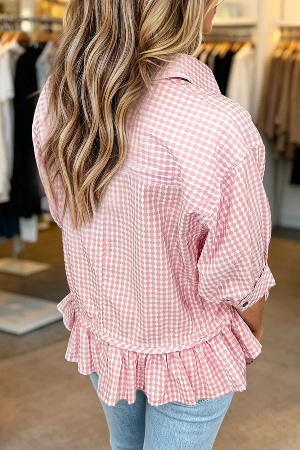 Women's plaid ruffle blouse back view half sleeve casual