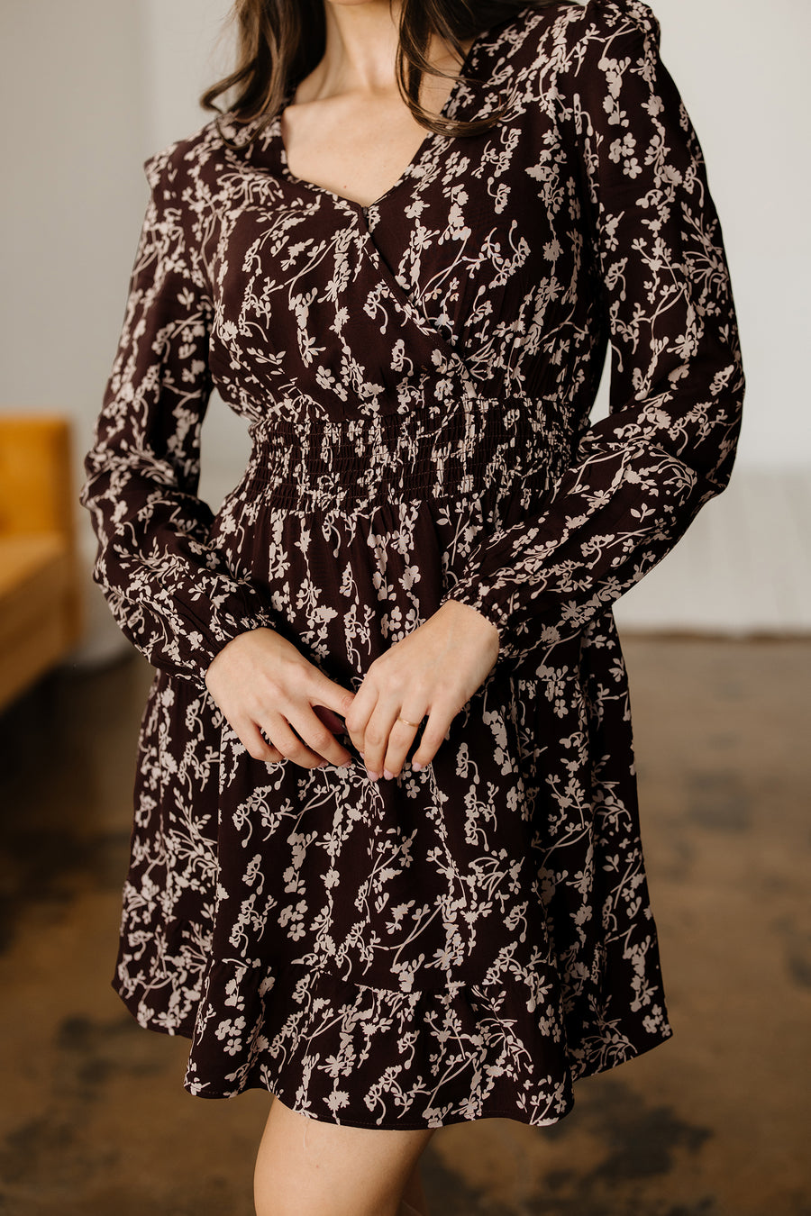 Brown Ditsy Floral Split Neck Long Sleeve Shirred Mini Dress Women UK — close-up detail