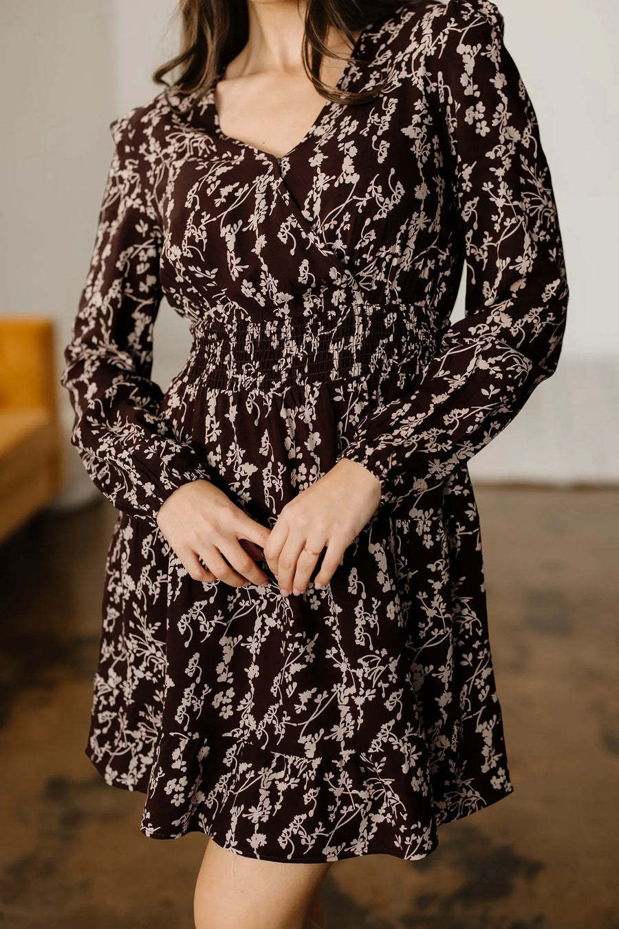 Brown Ditsy Floral Split Neck Long Sleeve Shirred Mini Dress Women UK — close-up detail