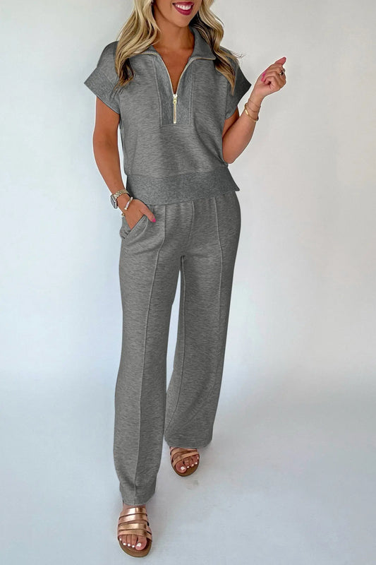 Half zip polo tee & casual pant set two piece short sleeve co-ord outfit sets