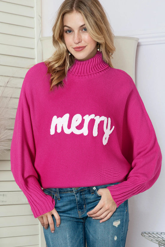 Rose Merry Letter Embroidered High Neck Sweater