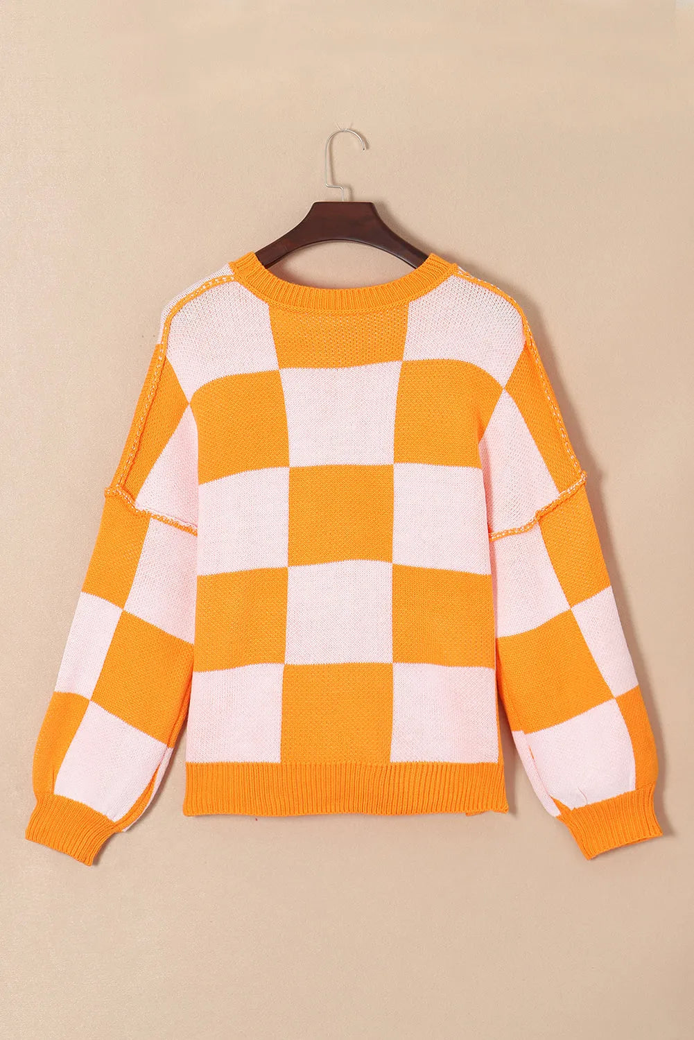 Pink Checkered Bishop Sleeve Sweater - Fashionfitz