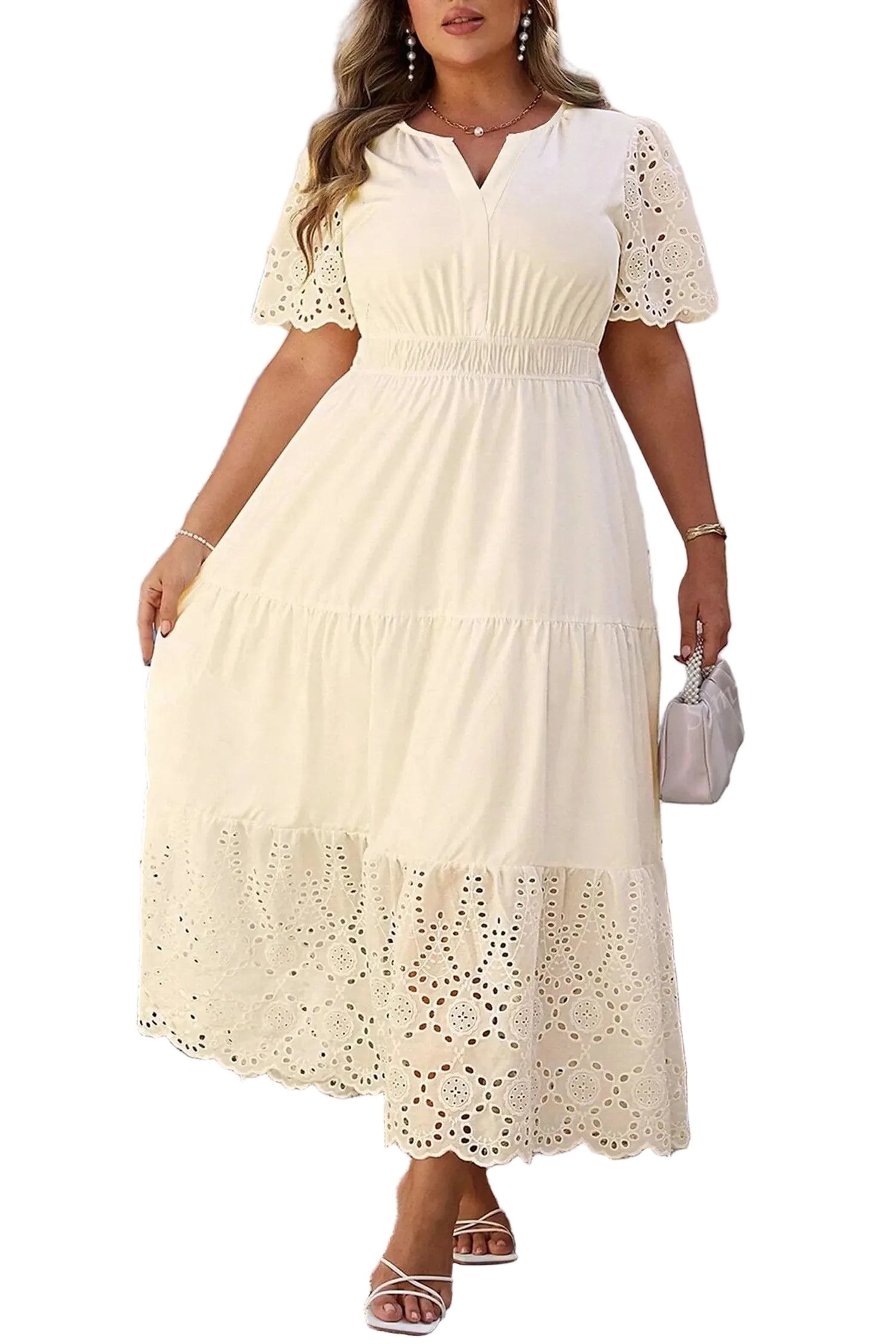 Apricot plus size v neck lacy embroidery patchwork short sleeve maxi dress
