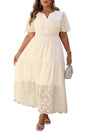 Apricot plus size v neck lacy embroidery patchwork short sleeve maxi dress