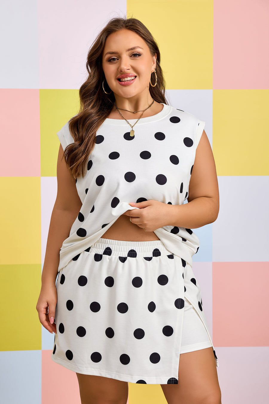 Plus Size Polka Dot Tank and Split Skort Set Women UK