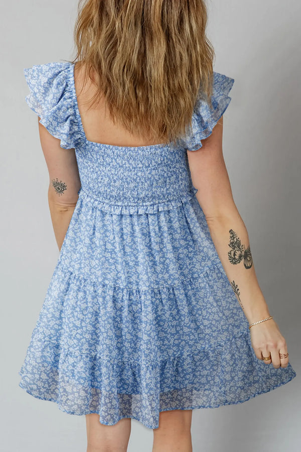 Sky Blue Floral Square Neck Smocked Tiered Mini Dress Women UK — back view