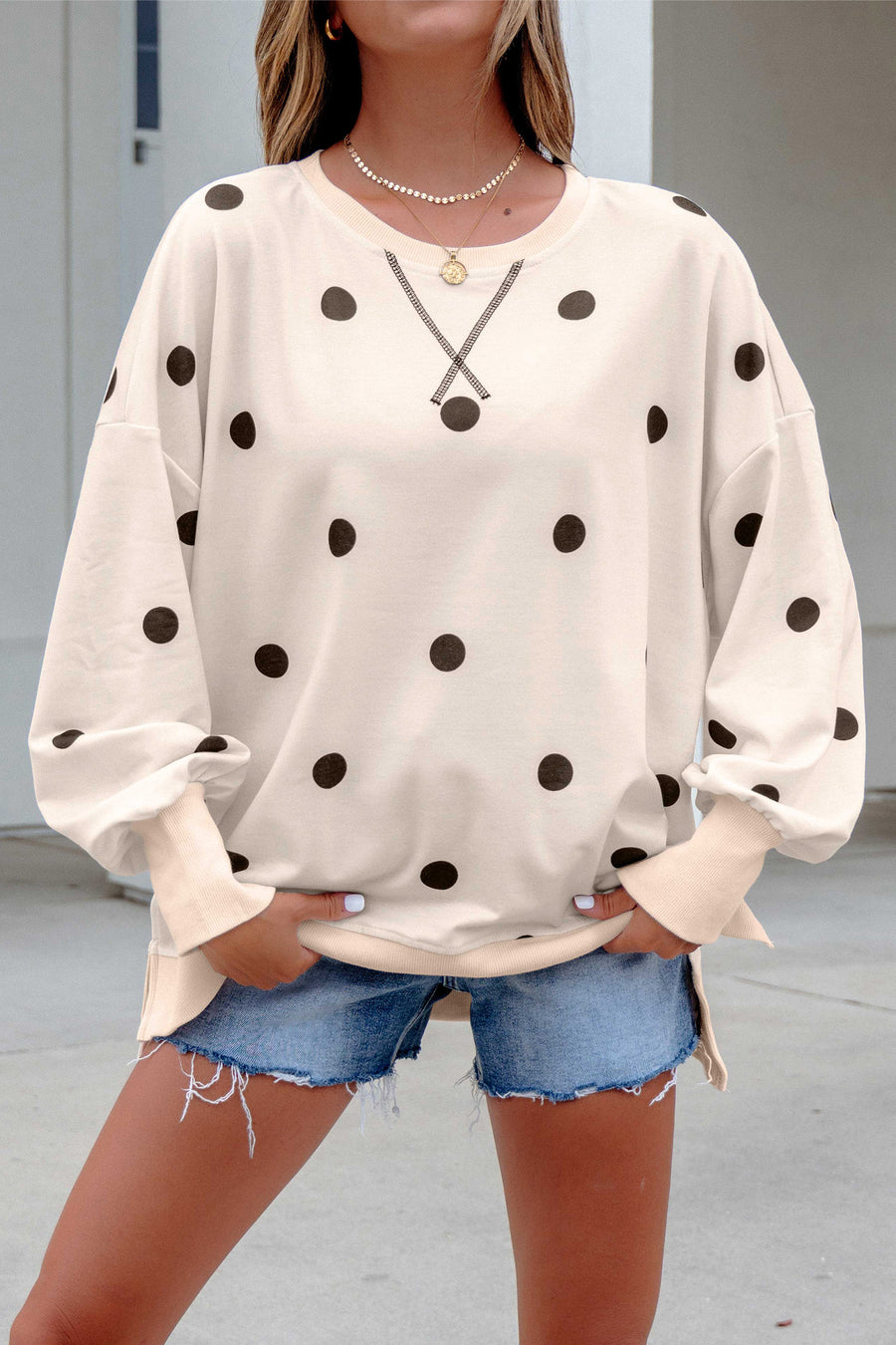 Polka Dot Long Sleeve Round Neck Tunic Sweatshirt
