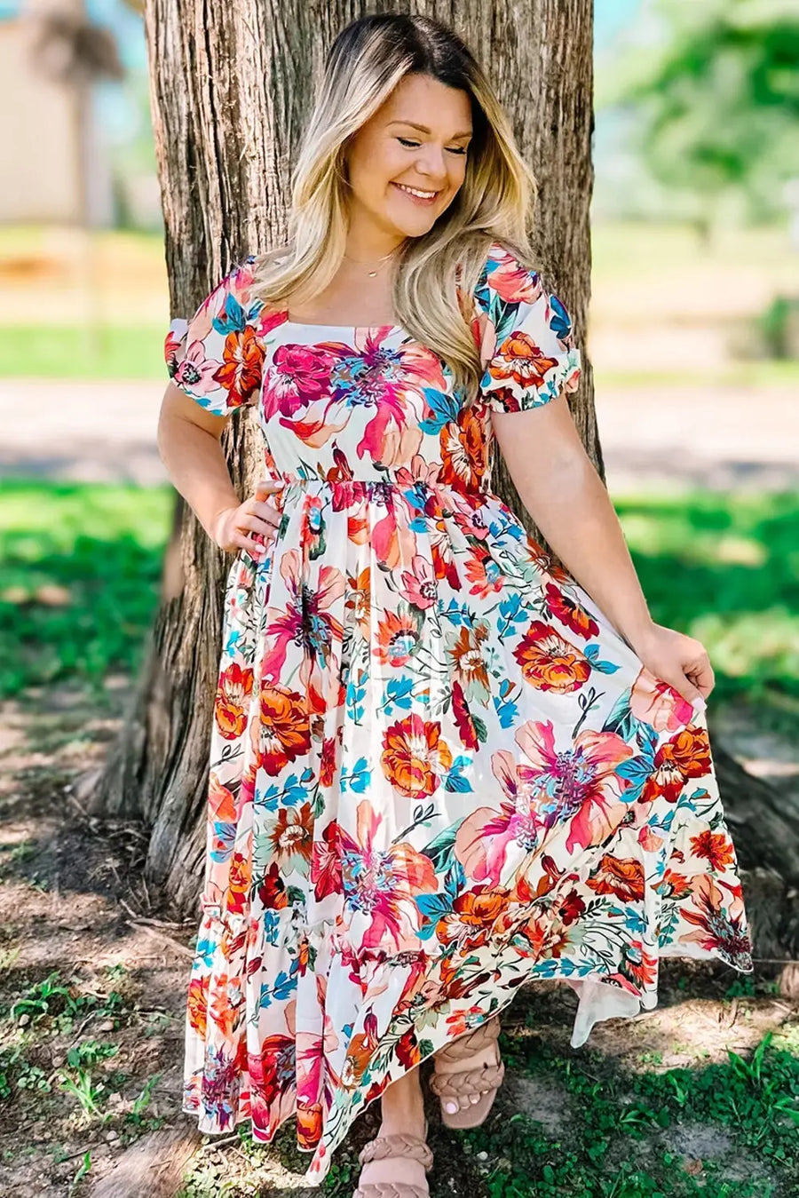 White Floral Puff Sleeve Plus Size Midi Dress Women UK