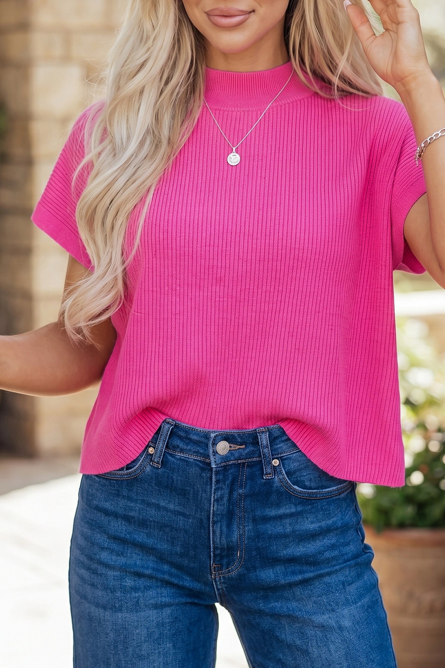Bright Pink Ribbed Knit Mock Neck Cap Sleeve Sweater Boxy Fit