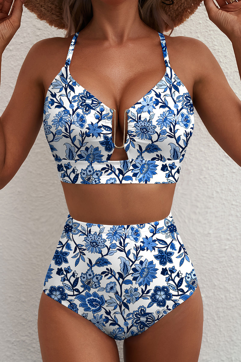 Blue floral high waist bikini set - back view