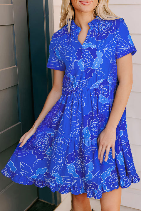 Blue Floral Ruffled Hem V Neck Short Sleeve Flowy Mini Dress Women UK