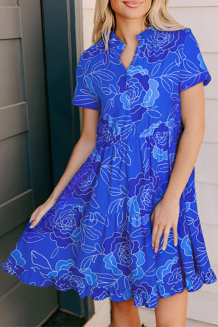 Blue Floral Ruffled Hem V Neck Short Sleeve Flowy Mini Dress Women UK