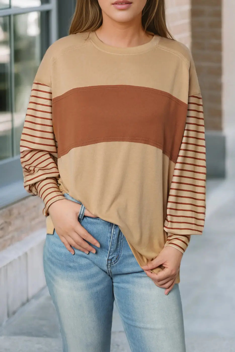 Green colorblock bishop sleeve top - striped casual chic